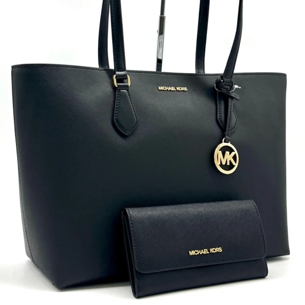 Michael Kors Sheila Large Logo Tote Bag & Matching Trifold Wallet Black/Gold